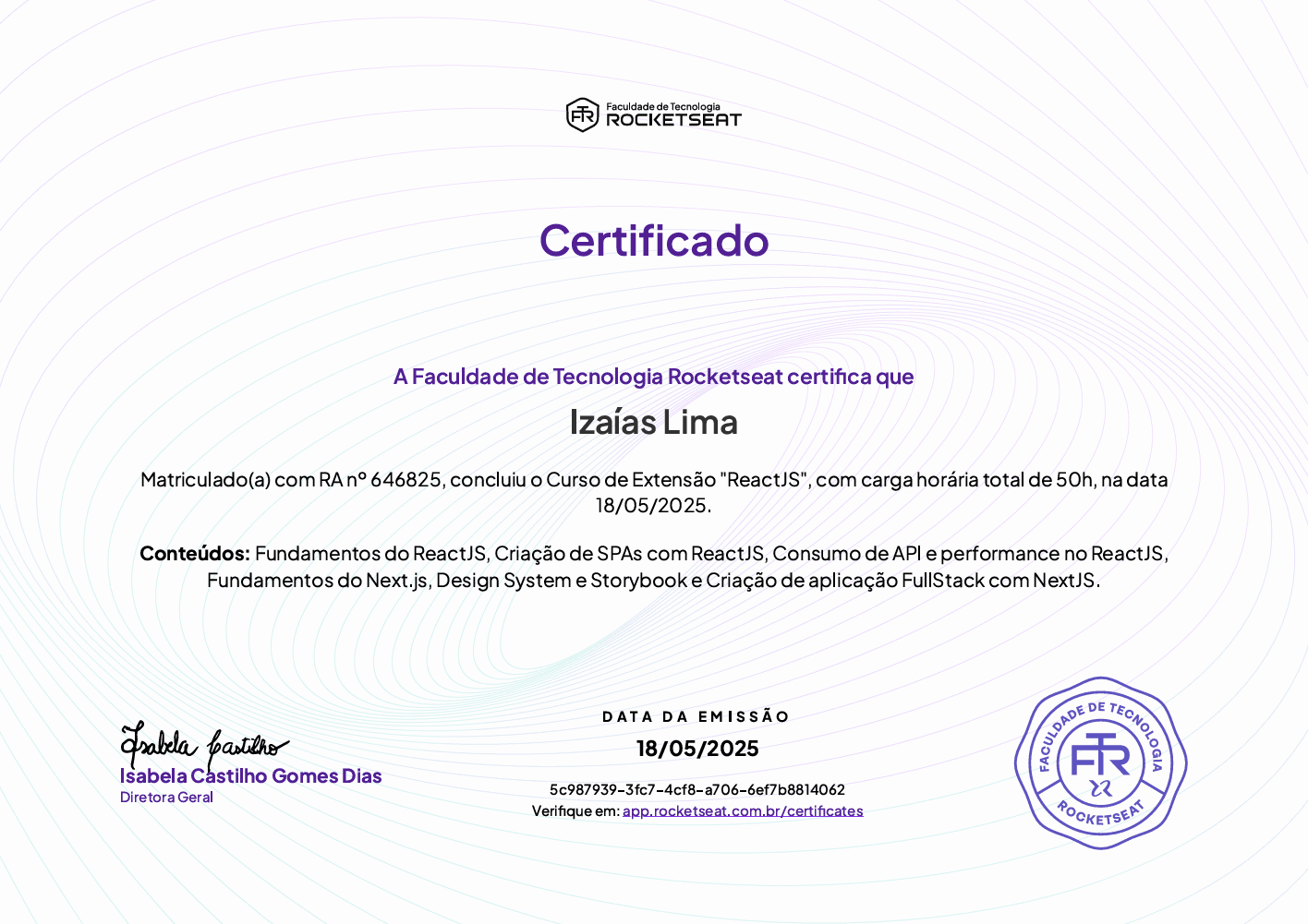 Certificado de Conclusão do Curso "ReactJS 2022"